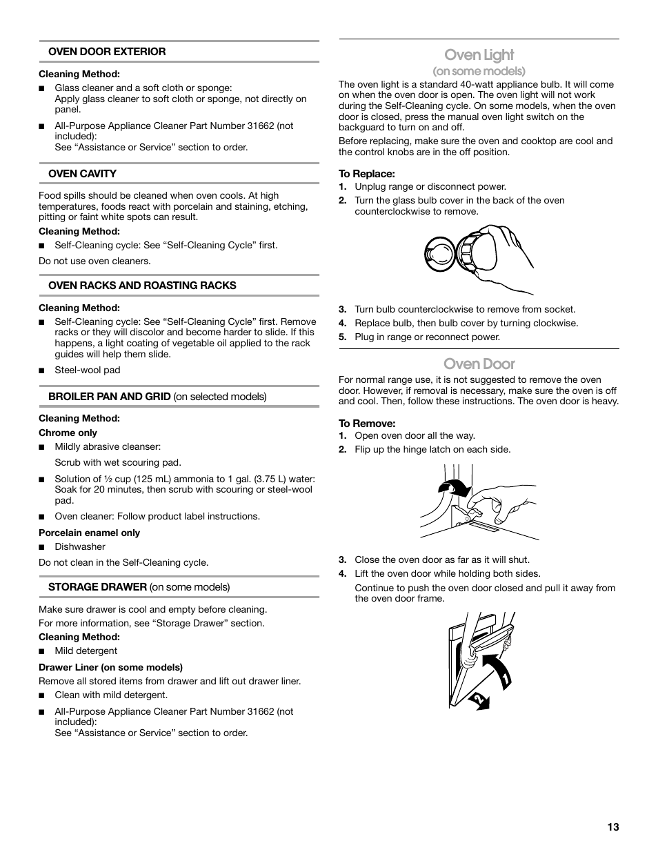 Oven light, Oven door | Estate W10017740 User Manual | Page 13 / 16