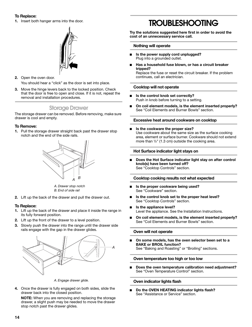 Troubleshooting, Storage drawer | Estate W10017740 User Manual | Page 14 / 16