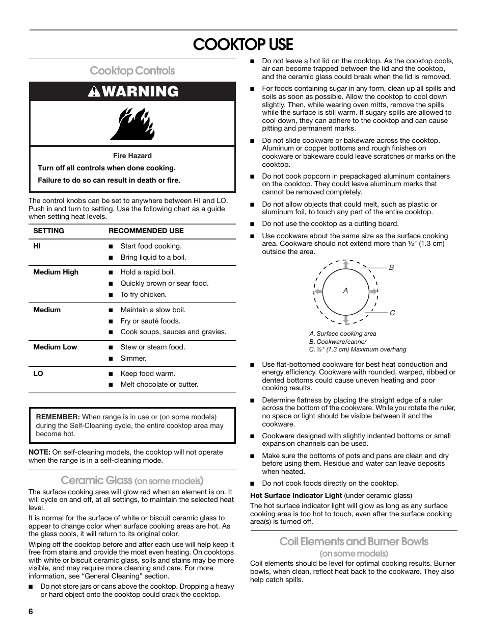 Cooktop use, Warning, Cooktop controls | Ceramic glass, Coil elements and burner bowls, On some models, On some models) | Estate W10017740 User Manual | Page 6 / 16