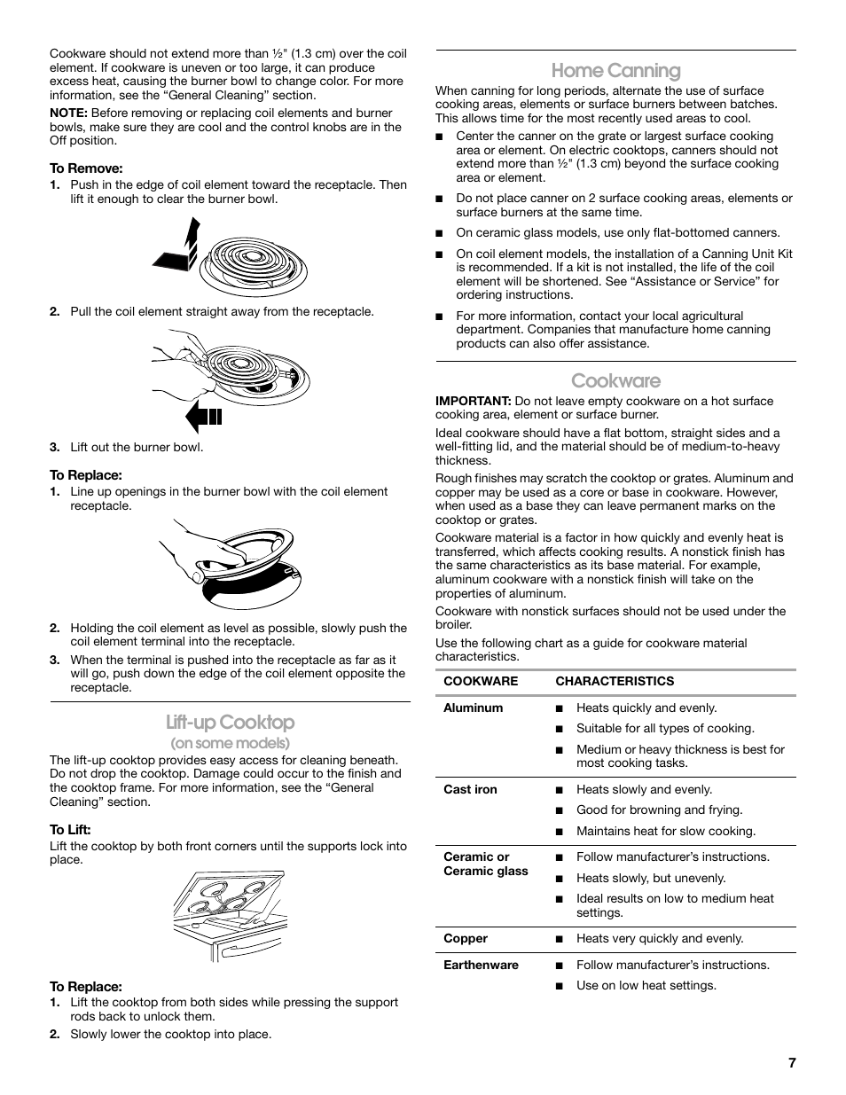 Lift-up cooktop, Home canning, Cookware | On some models) | Estate W10017740 User Manual | Page 7 / 16