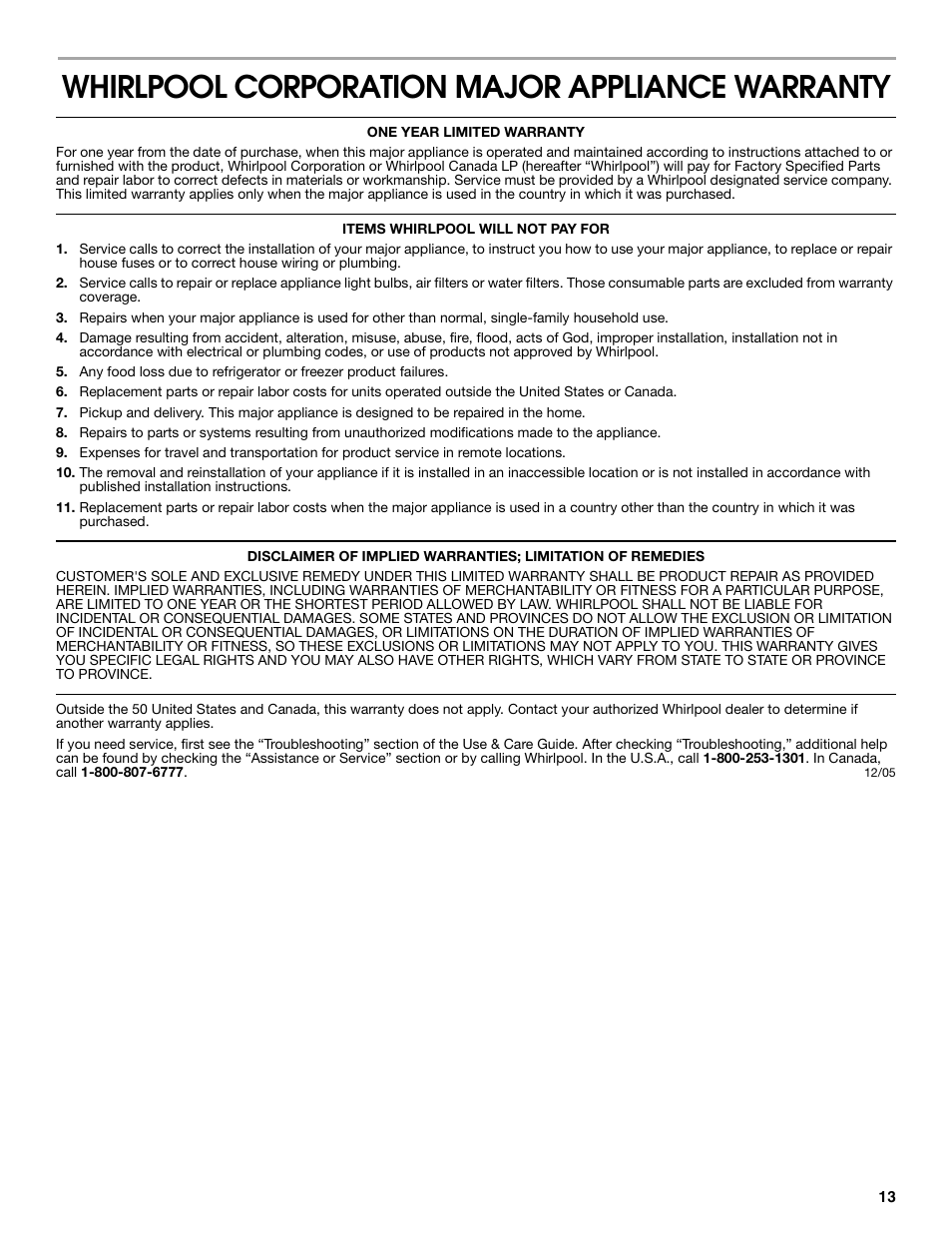 Whirlpool corporation major appliance warranty | Estate 2318600 User Manual | Page 13 / 40