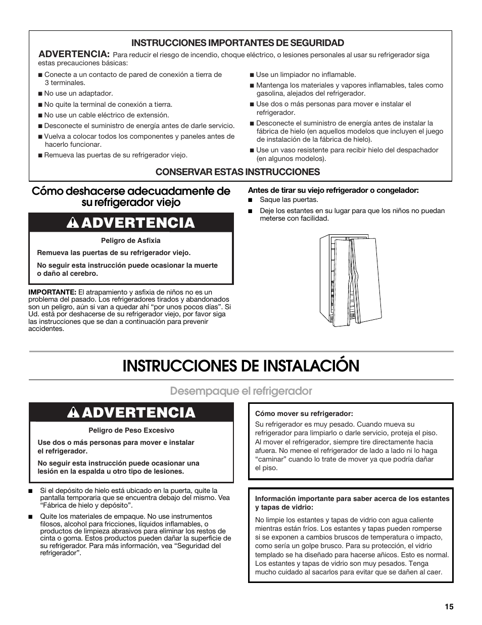 Instrucciones de instalación, Advertencia, Desempaque el refrigerador | Estate 2318600 User Manual | Page 15 / 40