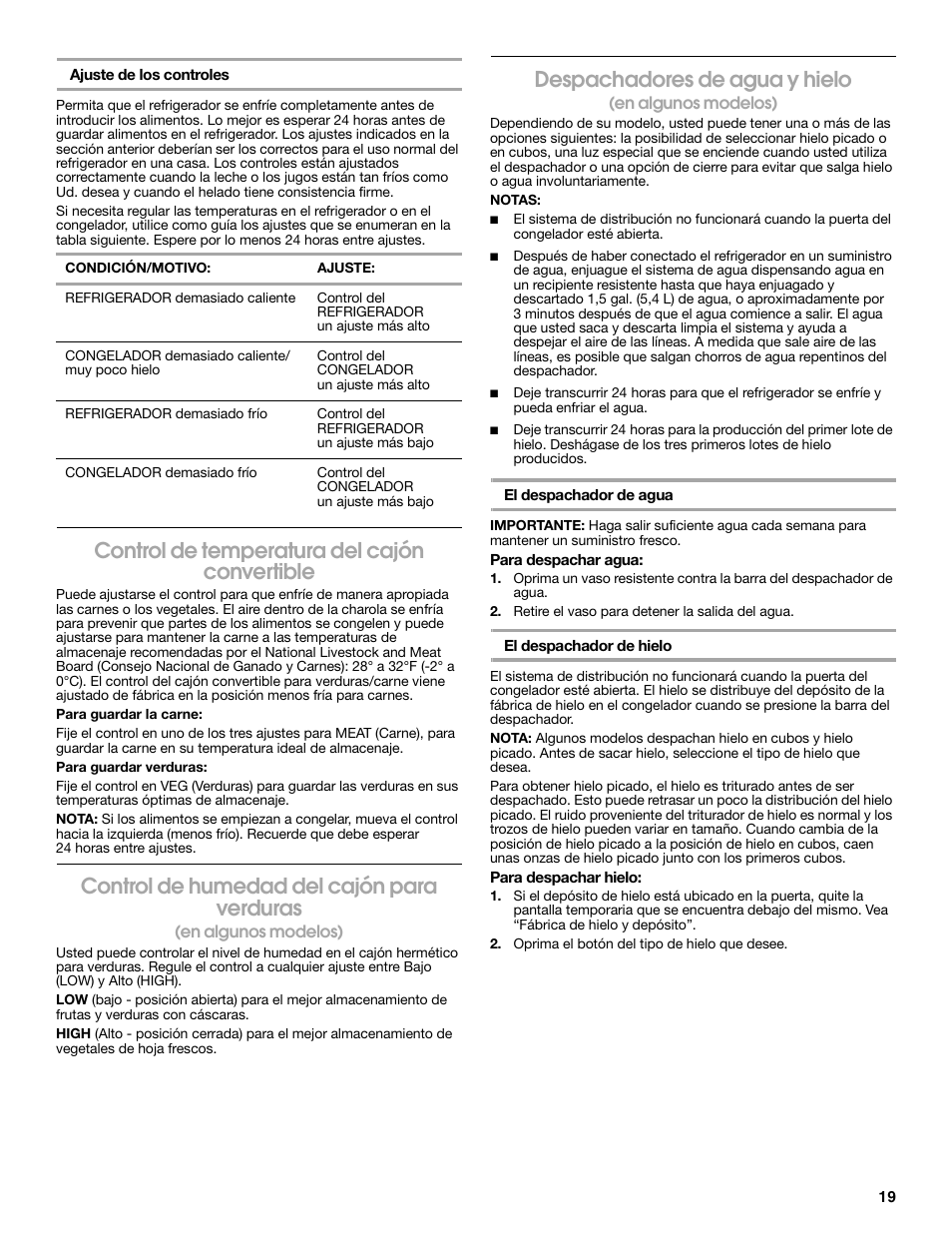 Control de temperatura del cajón convertible, Control de humedad del cajón para verduras, Despachadores de agua y hielo | Estate 2318600 User Manual | Page 19 / 40