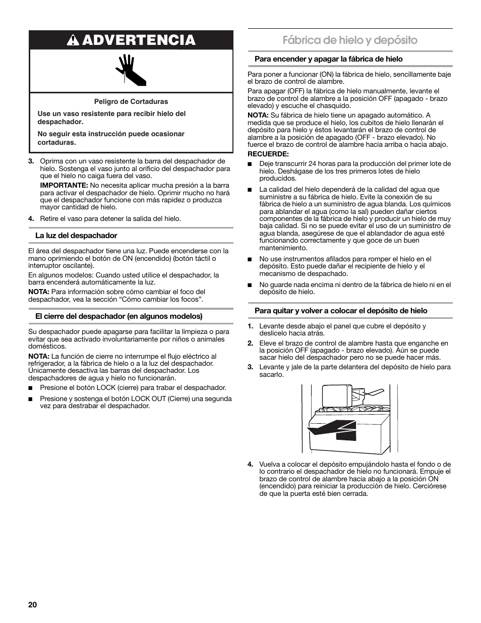 Advertencia, Fábrica de hielo y depósito | Estate 2318600 User Manual | Page 20 / 40