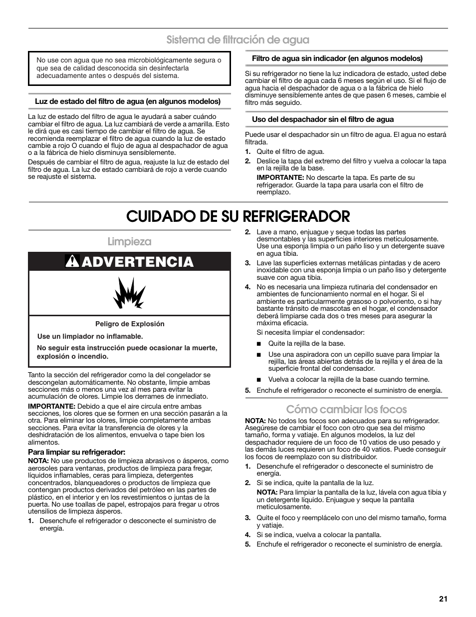Cuidado de su refrigerador, Advertencia, Sistema de filtración de agua | Limpieza, Cómo cambiar los focos | Estate 2318600 User Manual | Page 21 / 40