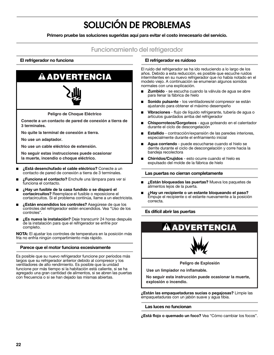Solución de problemas, Advertencia, Funcionamiento del refrigerador | Estate 2318600 User Manual | Page 22 / 40