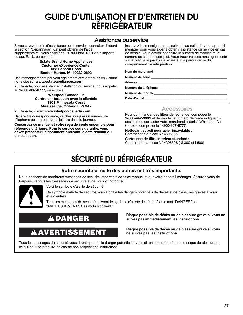 Sécurité du réfrigérateur, Avertissement danger, Assistance ou service | Accessoires | Estate 2318600 User Manual | Page 27 / 40