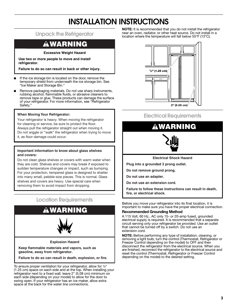 Installation instructions, Warning, Unpack the refrigerator | Location requirements, Electrical requirements | Estate 2318600 User Manual | Page 3 / 40