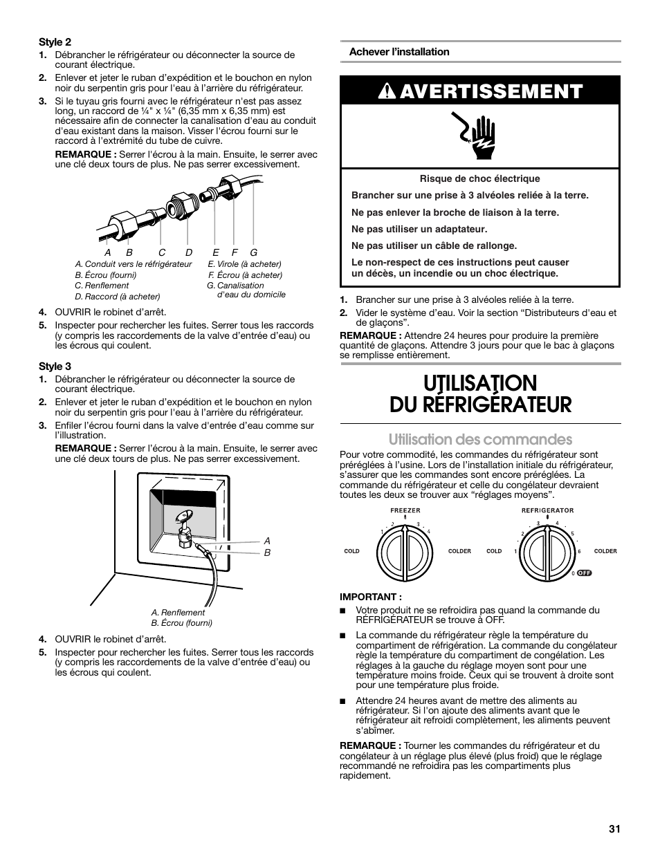 Utilisation du réfrigérateur, Avertissement, Utilisation des commandes | Estate 2318600 User Manual | Page 31 / 40