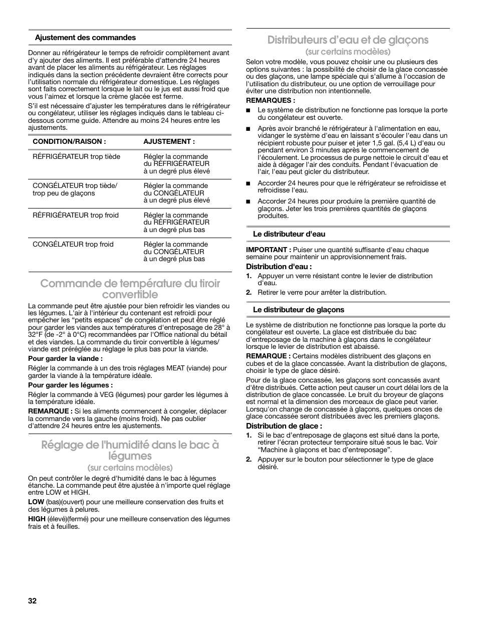 Commande de température du tiroir convertible, Réglage de l'humidité dans le bac à légumes, Distributeurs d’eau et de glaçons | Estate 2318600 User Manual | Page 32 / 40