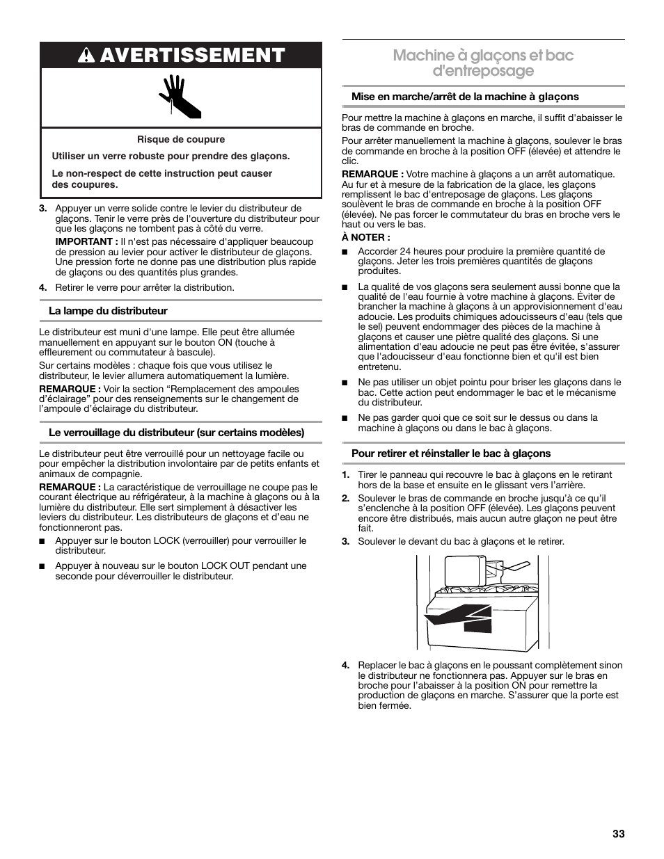 Avertissement, Machine à glaçons et bac d'entreposage | Estate 2318600 User Manual | Page 33 / 40