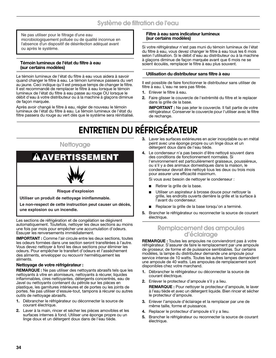 Entretien du réfrigérateur, Avertissement, Système de filtration de l'eau | Nettoyage, Remplacement des ampoules d’éclairage | Estate 2318600 User Manual | Page 34 / 40