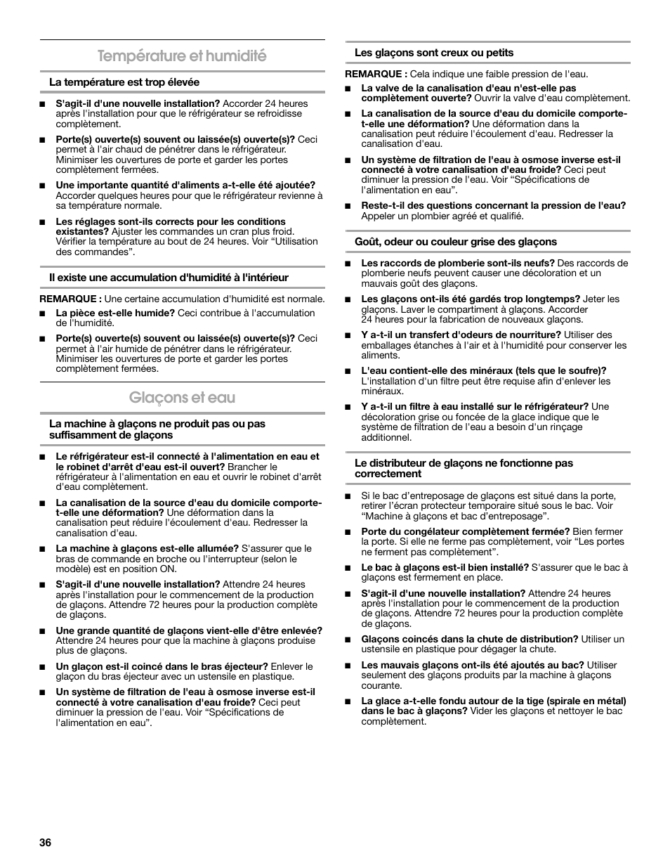 Température et humidité, Glaçons et eau | Estate 2318600 User Manual | Page 36 / 40