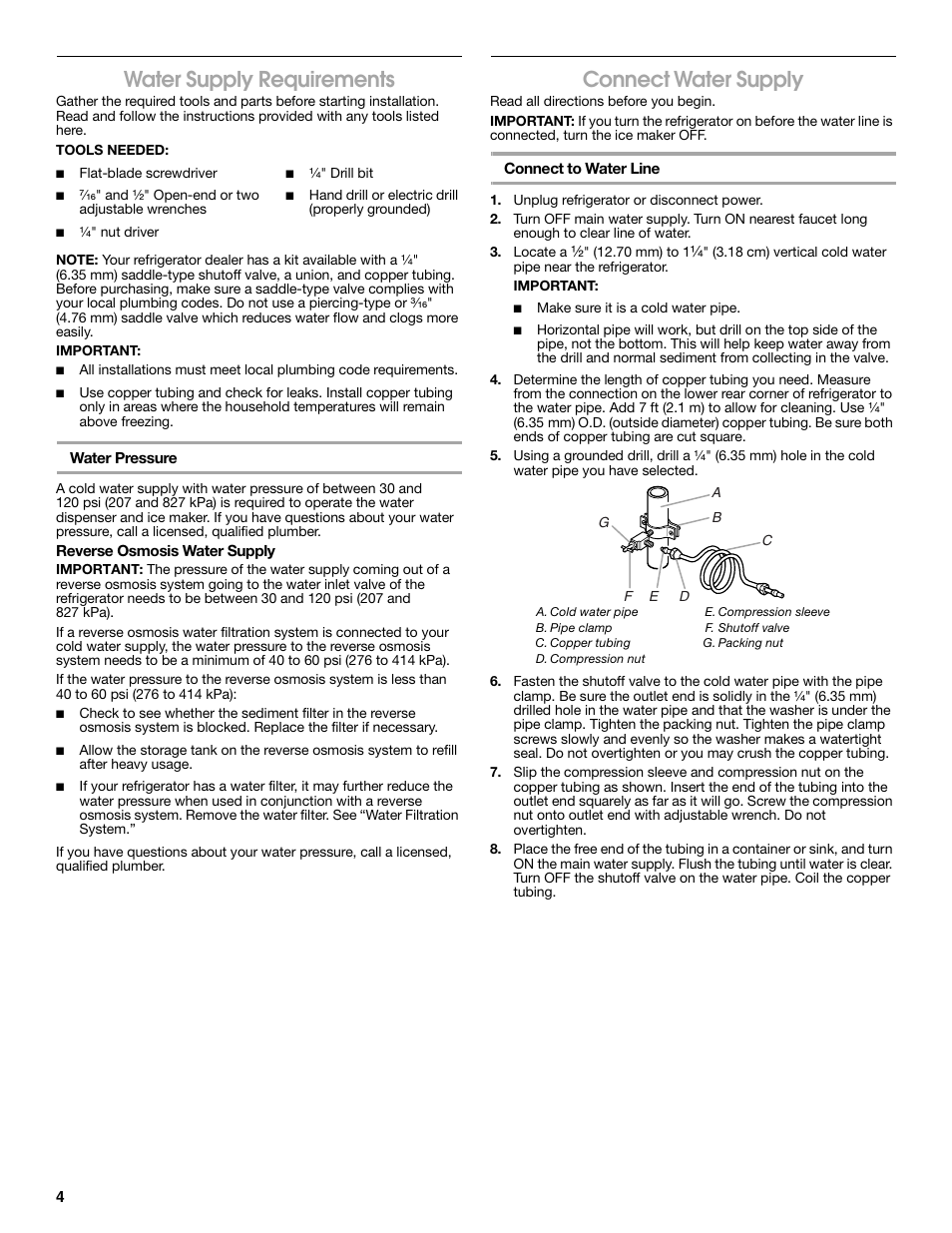 Water supply requirements, Connect water supply | Estate 2318600 User Manual | Page 4 / 40