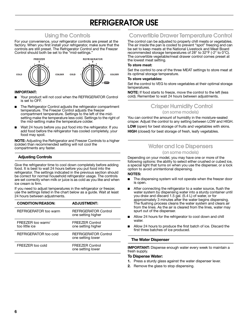 Refrigerator use, Using the controls, Convertible drawer temperature control | Crisper humidity control, Water and ice dispensers | Estate 2318600 User Manual | Page 6 / 40