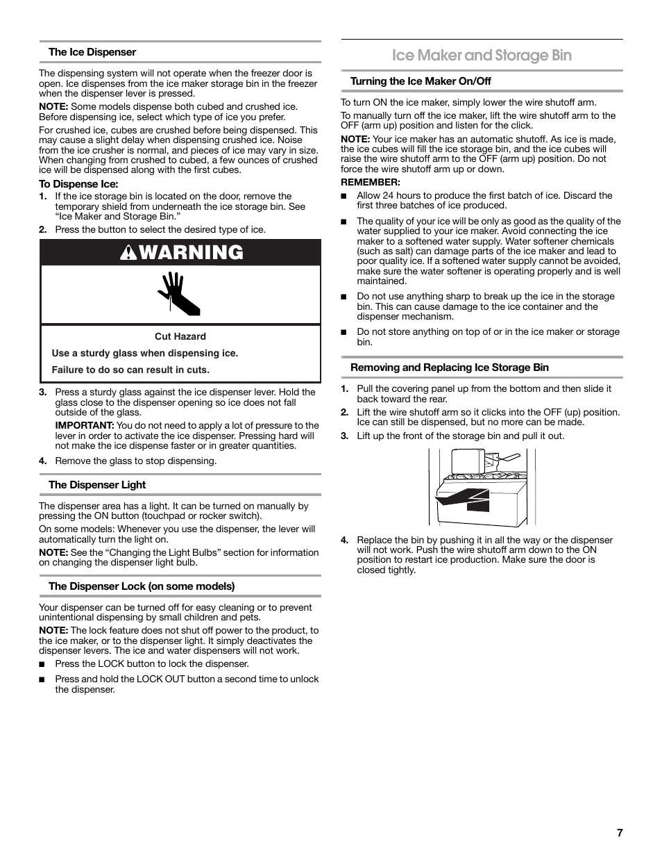 Warning, Ice maker and storage bin | Estate 2318600 User Manual | Page 7 / 40