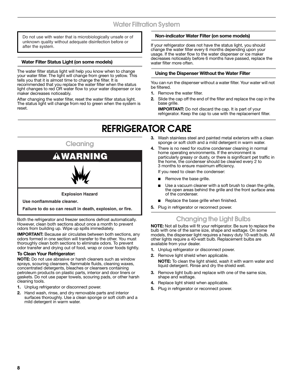 Refrigerator care, Warning, Water filtration system | Cleaning, Changing the light bulbs | Estate 2318600 User Manual | Page 8 / 40