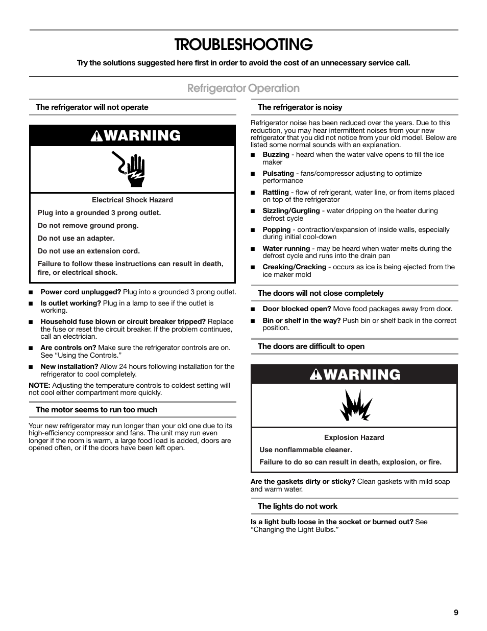 Troubleshooting, Warning, Refrigerator operation | Estate 2318600 User Manual | Page 9 / 40