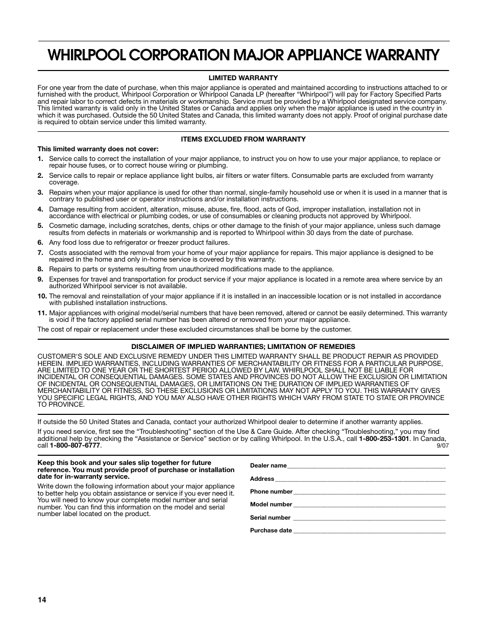 Whirlpool corporation major appliance warranty | Estate W10162222A User Manual | Page 14 / 28