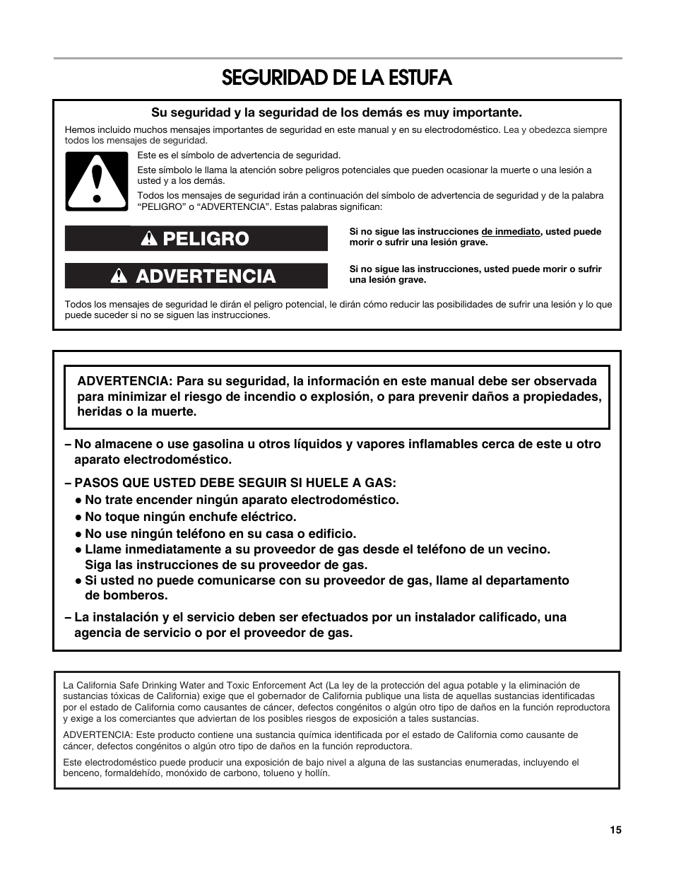 Seguridad de la estufa, Advertencia peligro | Estate W10162222A User Manual | Page 15 / 28