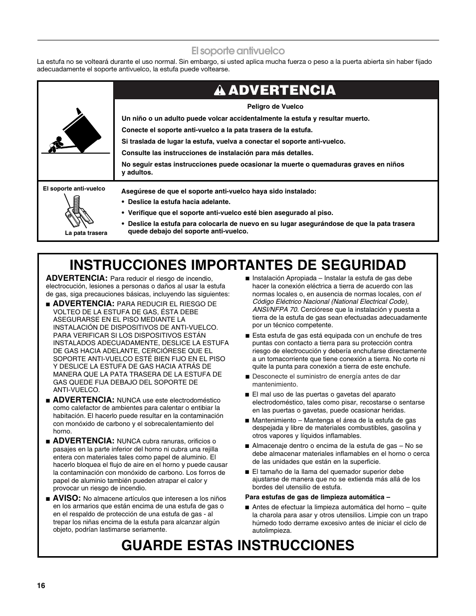 Advertencia, El soporte antivuelco | Estate W10162222A User Manual | Page 16 / 28