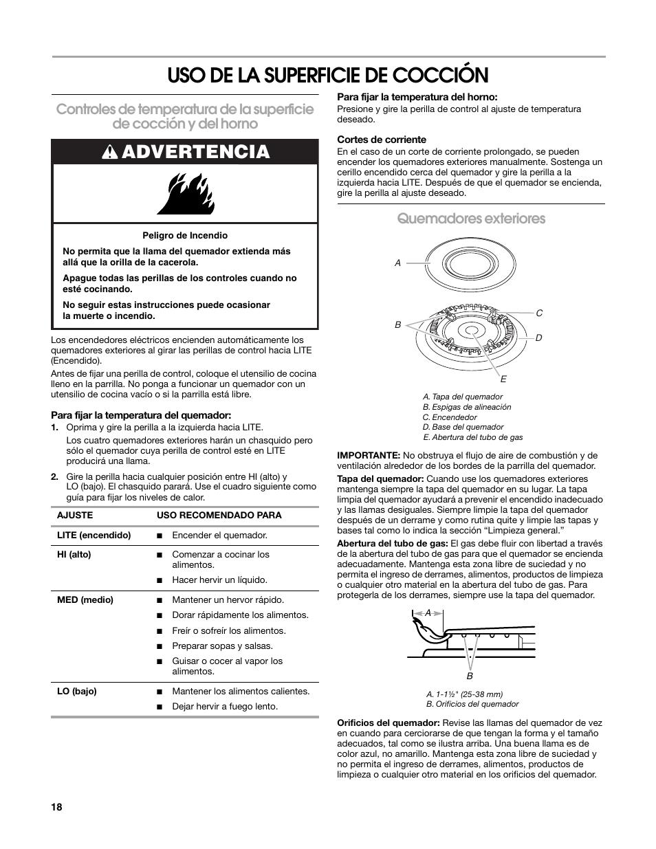 Uso de la superficie de cocción, Advertencia, Quemadores exteriores | Estate W10162222A User Manual | Page 18 / 28