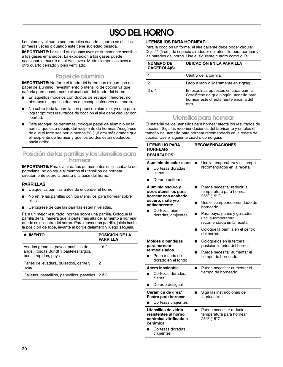 Uso del horno, Papel de aluminio, Utensilios para hornear | Estate W10162222A User Manual | Page 20 / 28