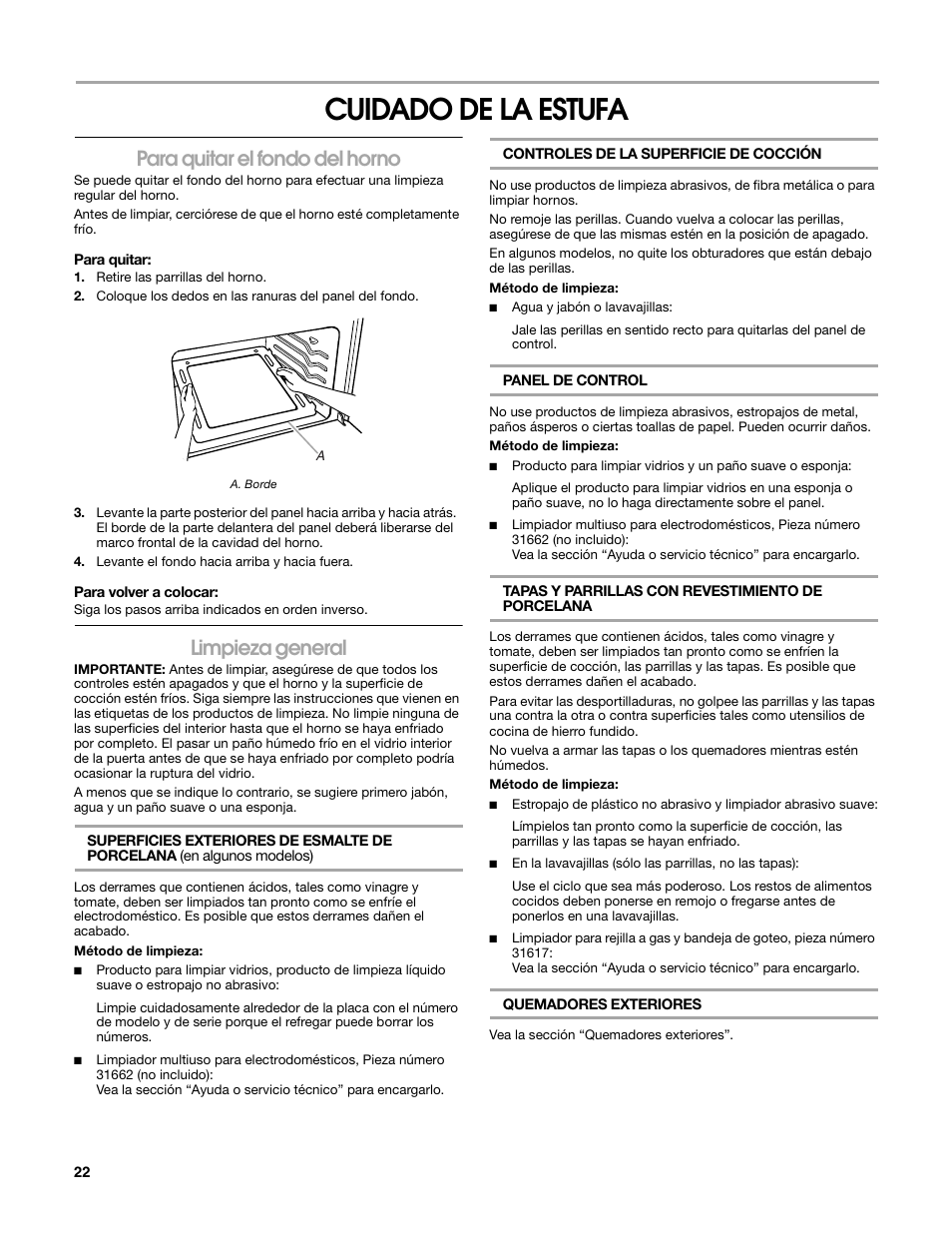 Cuidado de la estufa, Para quitar el fondo del horno, Limpieza general | Estate W10162222A User Manual | Page 22 / 28