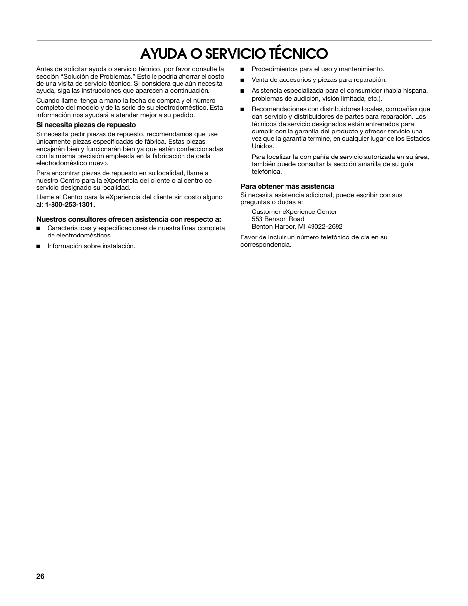 Ayuda o servicio técnico | Estate W10162222A User Manual | Page 26 / 28