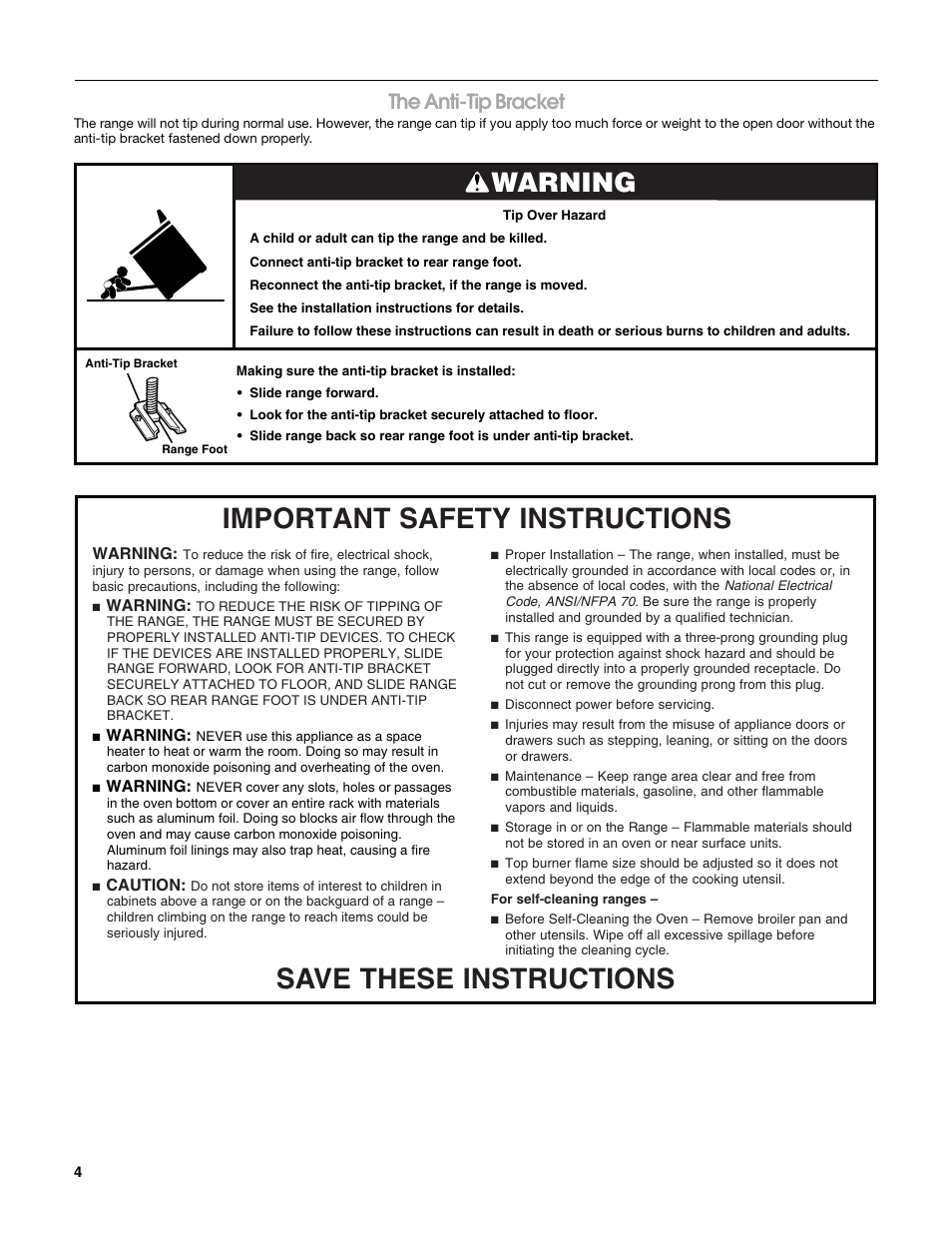 Warning, The anti-tip bracket | Estate W10162222A User Manual | Page 4 / 28