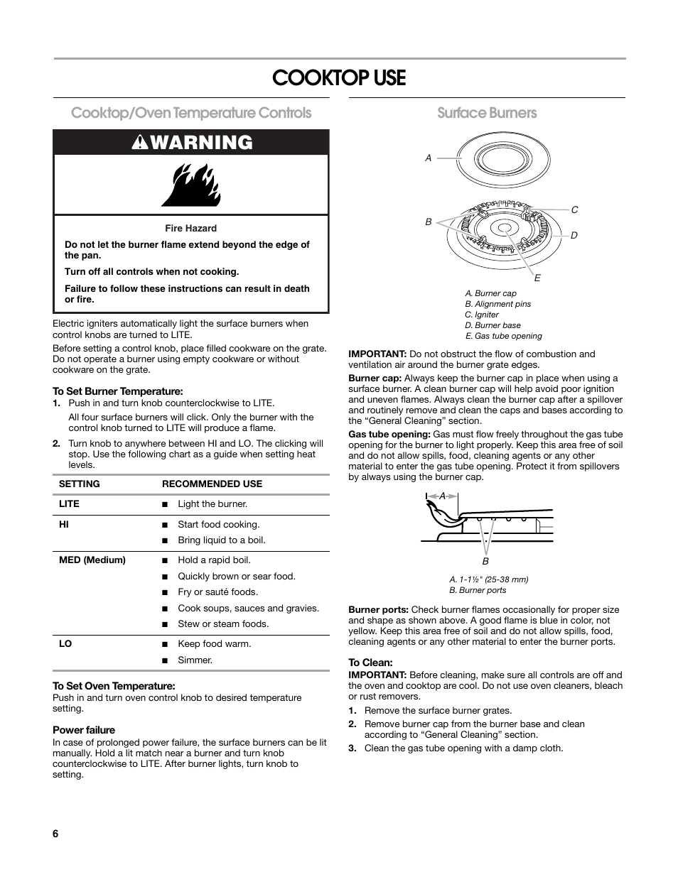 Cooktop use, Warning, Cooktop/oven temperature controls | Surface burners | Estate W10162222A User Manual | Page 6 / 28