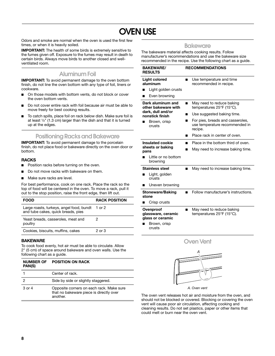 Oven use, Aluminum foil, Positioning racks and bakeware | Bakeware, Oven vent | Estate W10162222A User Manual | Page 8 / 28