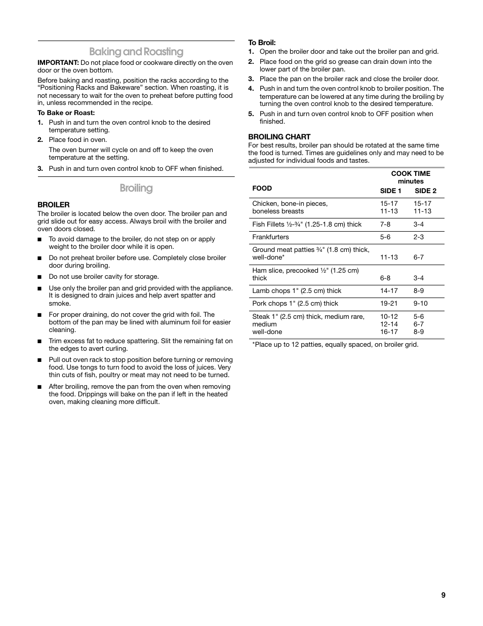 Baking and roasting, Broiling | Estate W10162222A User Manual | Page 9 / 28