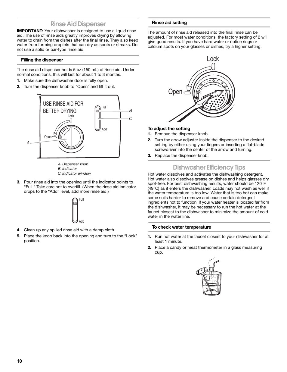 Lock open, Rinse aid dispenser, Dishwasher efficiency tips | Use rinse aid for better drying | Estate TUD8700S User Manual | Page 10 / 20