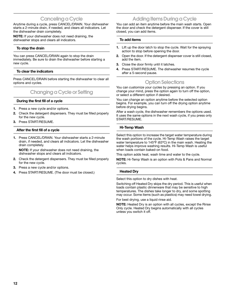 Canceling a cycle, Changing a cycle or setting, Adding items during a cycle | Option selections | Estate TUD8700S User Manual | Page 12 / 20