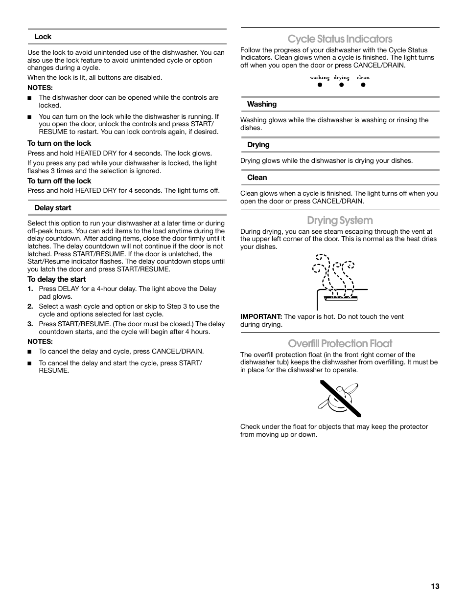 Cycle status indicators, Drying system, Overfill protection float | Estate TUD8700S User Manual | Page 13 / 20