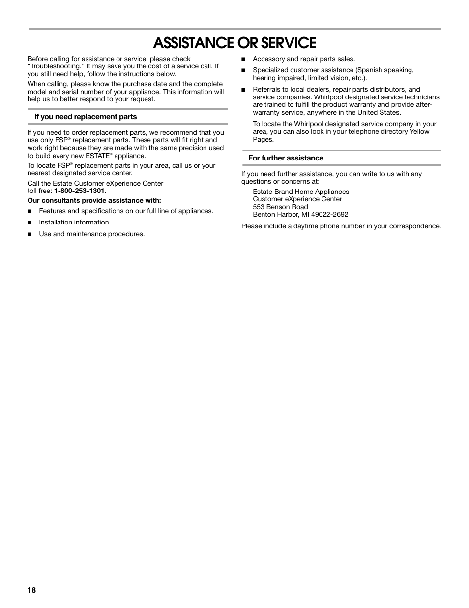 Assistance or service | Estate TUD8700S User Manual | Page 18 / 20