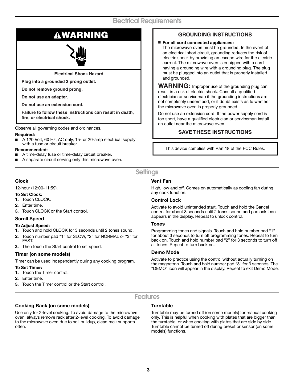 Warning, Electrical requirements, Settings | Features | Estate Microwave Hood Combination User Manual | Page 3 / 6