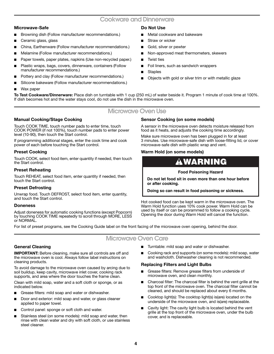 Warning, Cookware and dinnerware, Microwave oven use | Microwave oven care | Estate Microwave Hood Combination User Manual | Page 4 / 6