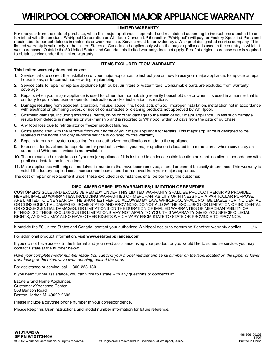 Whirlpool corporation major appliance warranty | Estate Microwave Hood Combination User Manual | Page 6 / 6
