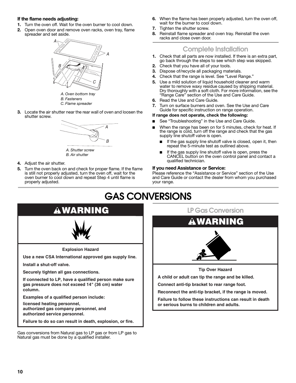 Gas conversions, Warning, Complete installation | Lp gas conversion | Estate W10121806C User Manual | Page 10 / 28