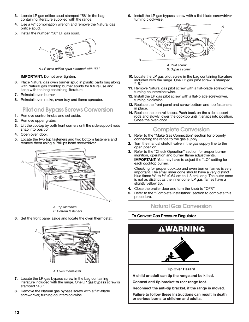 Warning, Pilot and bypass screws conversion, Complete conversion | Natural gas conversion | Estate W10121806C User Manual | Page 12 / 28