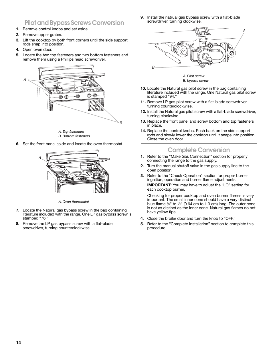 Pilot and bypass screws conversion, Complete conversion | Estate W10121806C User Manual | Page 14 / 28