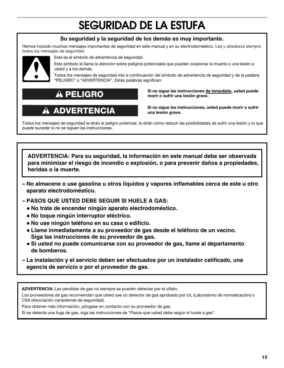 Seguridad de la estufa, Advertencia peligro | Estate W10121806C User Manual | Page 15 / 28