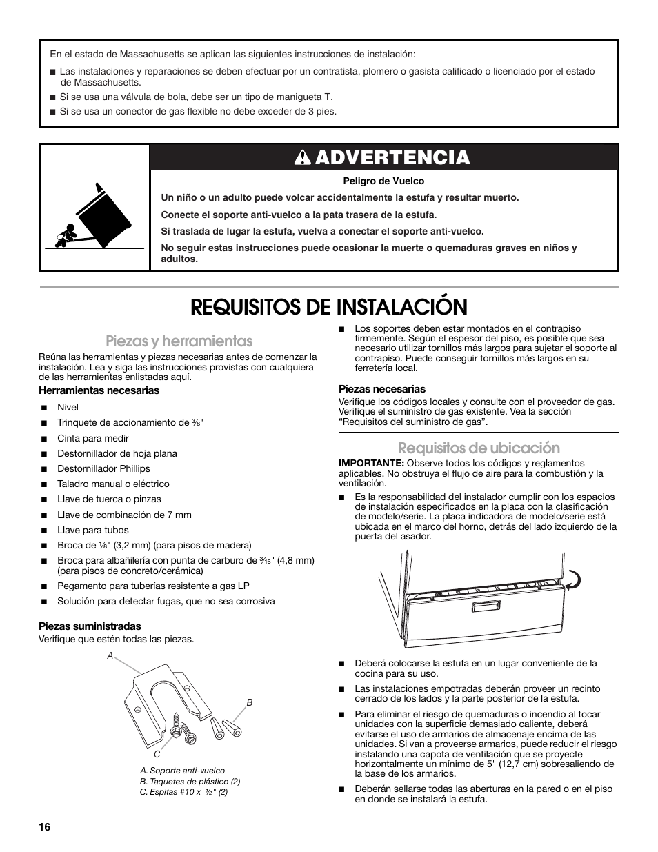 Requisitos de instalación, Advertencia, Piezas y herramientas | Requisitos de ubicación | Estate W10121806C User Manual | Page 16 / 28