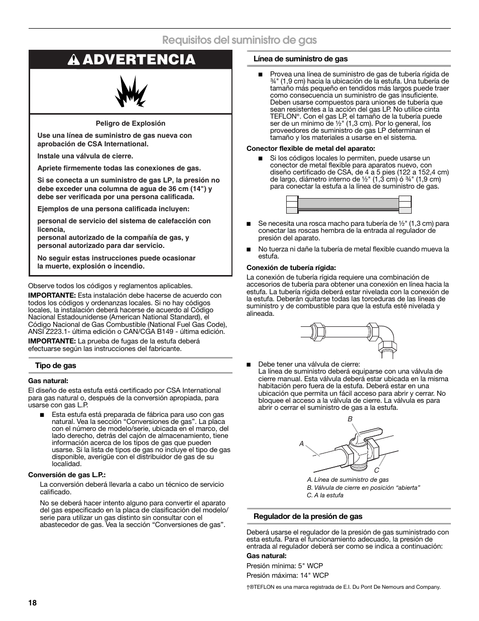 Advertencia, Requisitos del suministro de gas | Estate W10121806C User Manual | Page 18 / 28