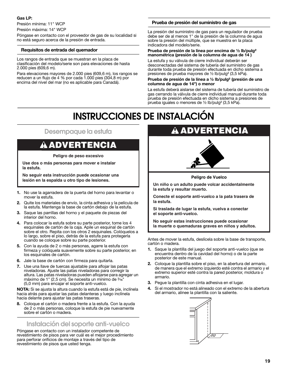 Instrucciones de instalación, Advertencia, Desempaque la estufa | Instalación del soporte anti-vuelco | Estate W10121806C User Manual | Page 19 / 28