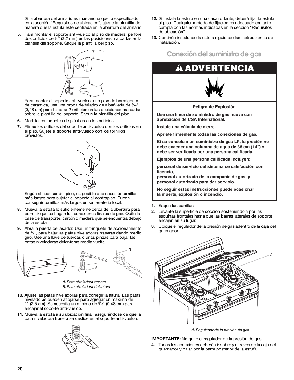 Advertencia, Conexión del suministro de gas | Estate W10121806C User Manual | Page 20 / 28