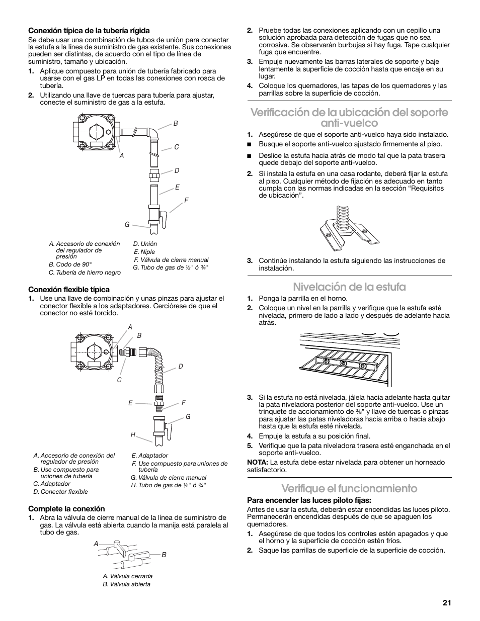 Nivelación de la estufa, Verifique el funcionamiento | Estate W10121806C User Manual | Page 21 / 28