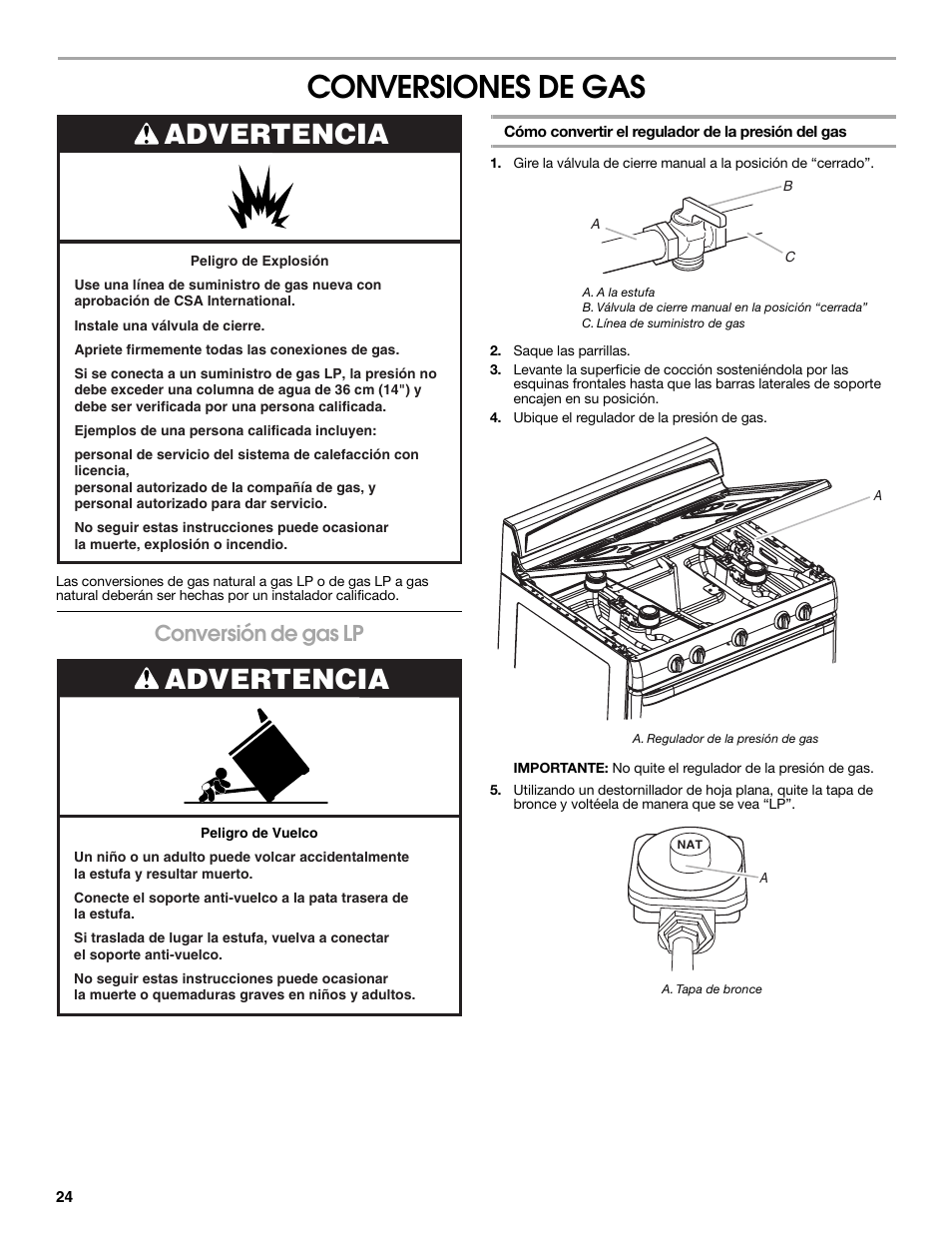 Conversiones de gas, Advertencia, Conversión de gas lp | Estate W10121806C User Manual | Page 24 / 28
